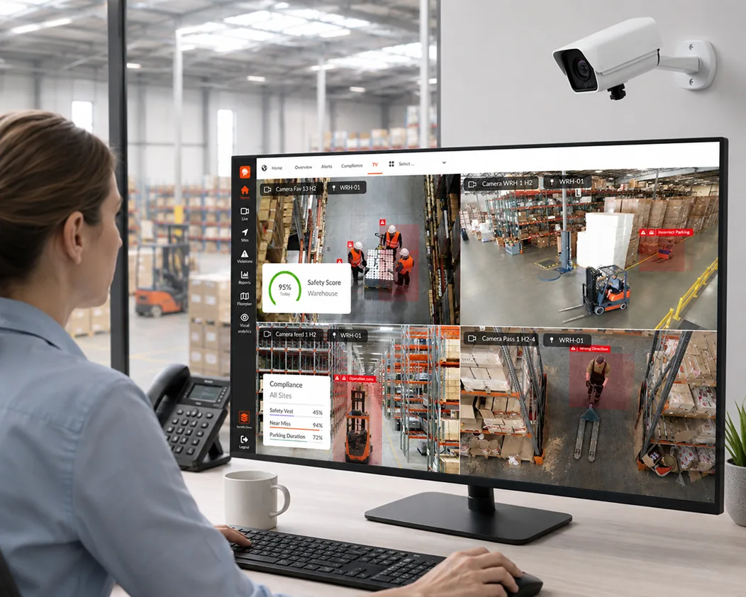 Safety manager at a desk with four live camera views and safety events flagged on screen