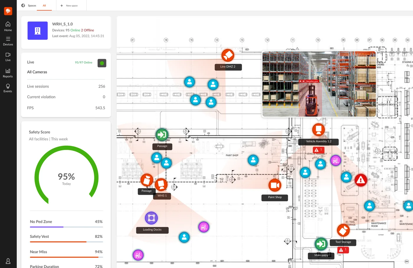 Site floor plan with camera positions and zones