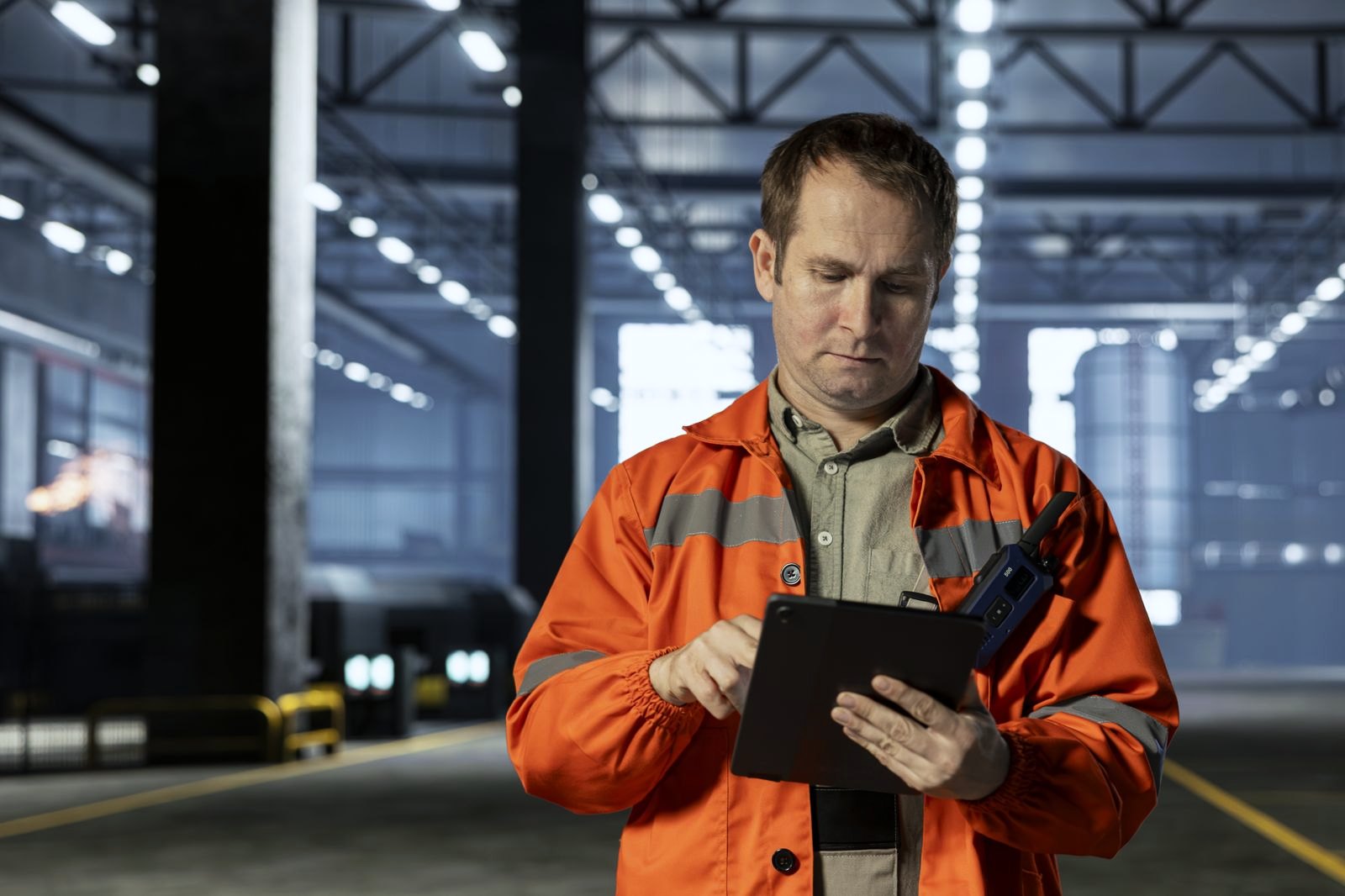A shift lead on the factory floor checking a tablet on the factory floor
