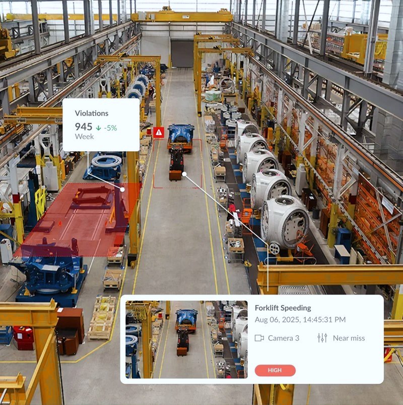 A production hall seen from above with a forklift event flagged in a shared aisle and shown as a high-priority near-miss card