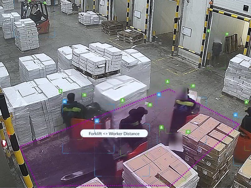 CCTV frame from a loading dock: pallet trucks working inside a forklift-worker distance zone with people nearby
