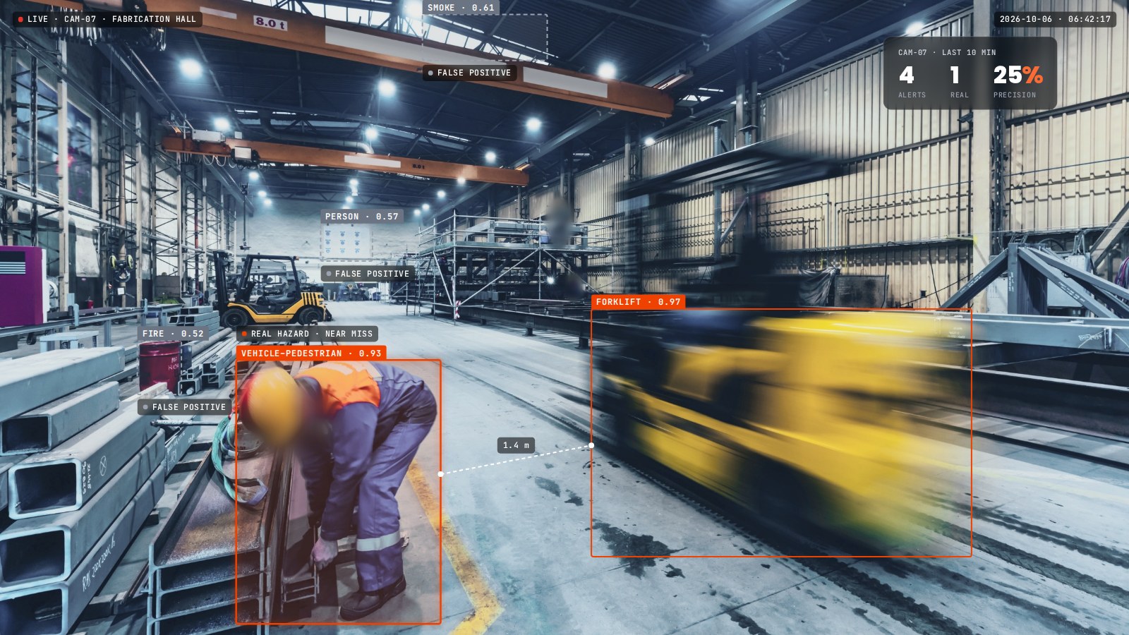 Fabrication hall CCTV view with AI detection boxes: a real near miss between a worker and a moving forklift, and false positives on skylight glare (smoke), wall signs (person) and a red barrel (fire). People are blurred.
