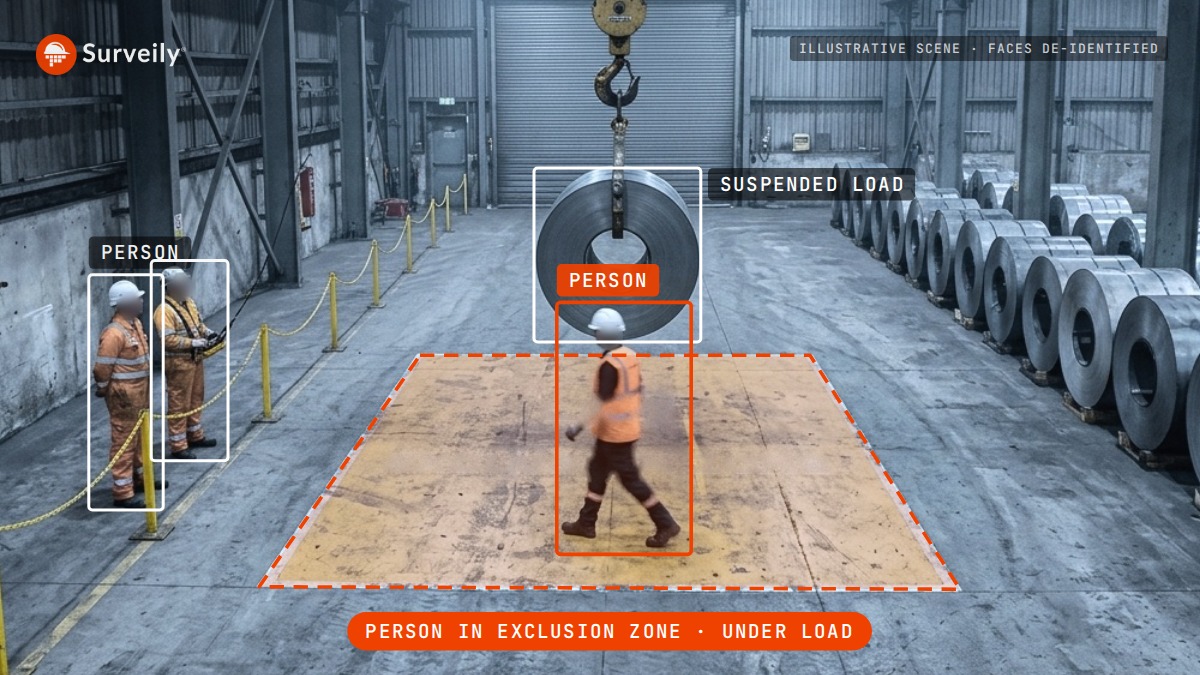 Illustrative CCTV view: a de-identified worker walks through a crane exclusion zone under a suspended steel coil, with the zone and people outlined