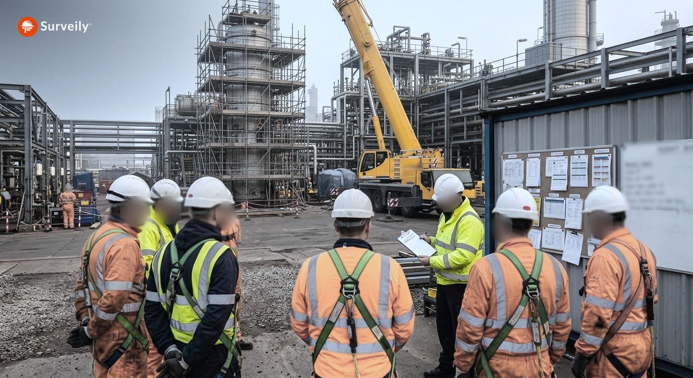 Contractor crew receiving a permit-to-work briefing at the start of shift