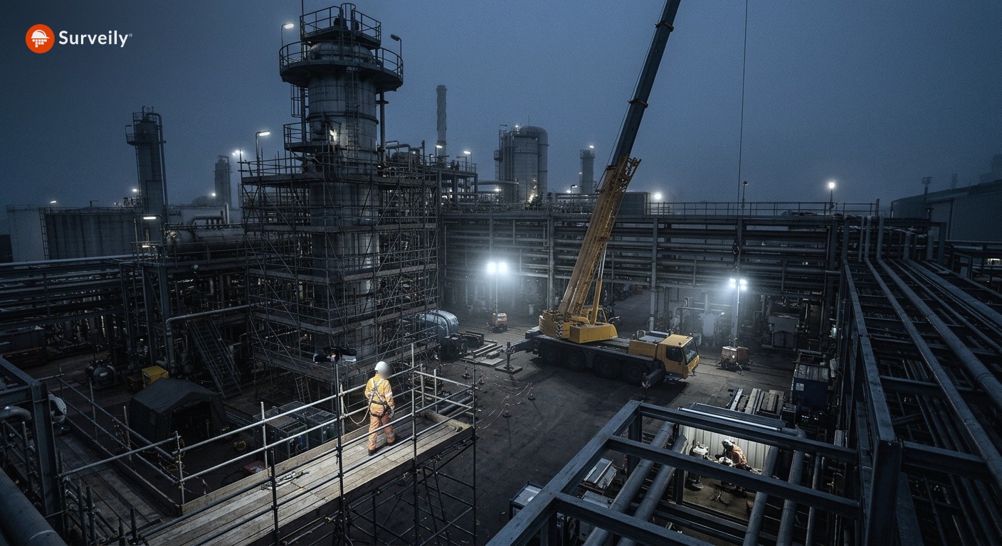 Floodlit refinery turnaround at night with only a few workers on site