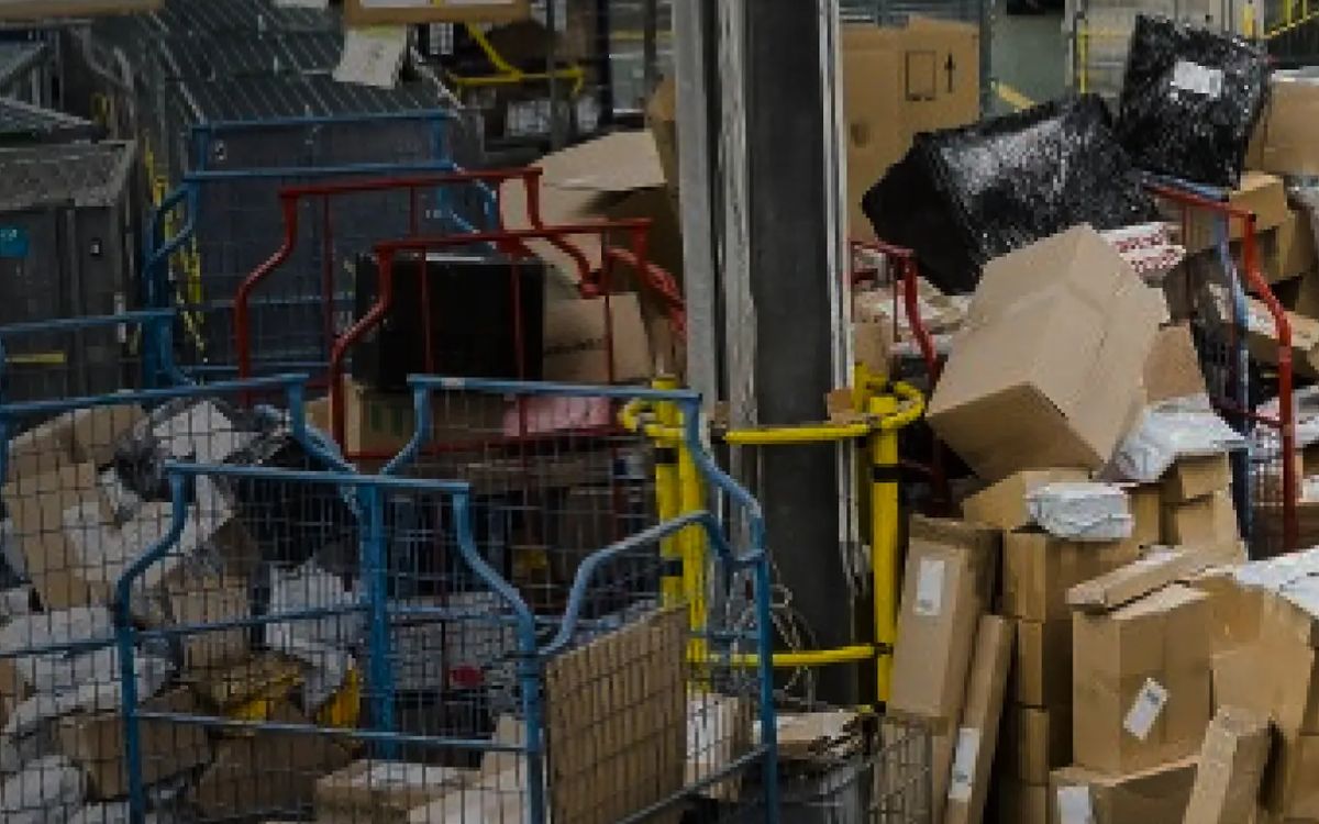 Parcels and roll cages in a distribution centre