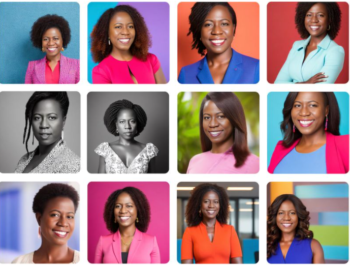 Several AI generated professional headshots of a woman in business attire