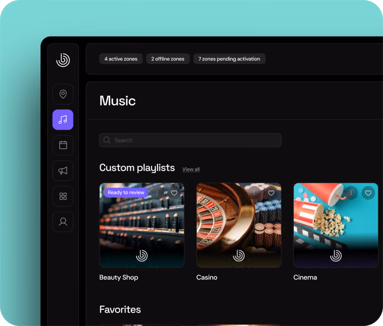 Panel de control de MyBrandtrack que muestra listas de reproducción personalizadas, gestión de zonas, supervisión de la música y control centralizado para implementar cambios en todas las tiendas
