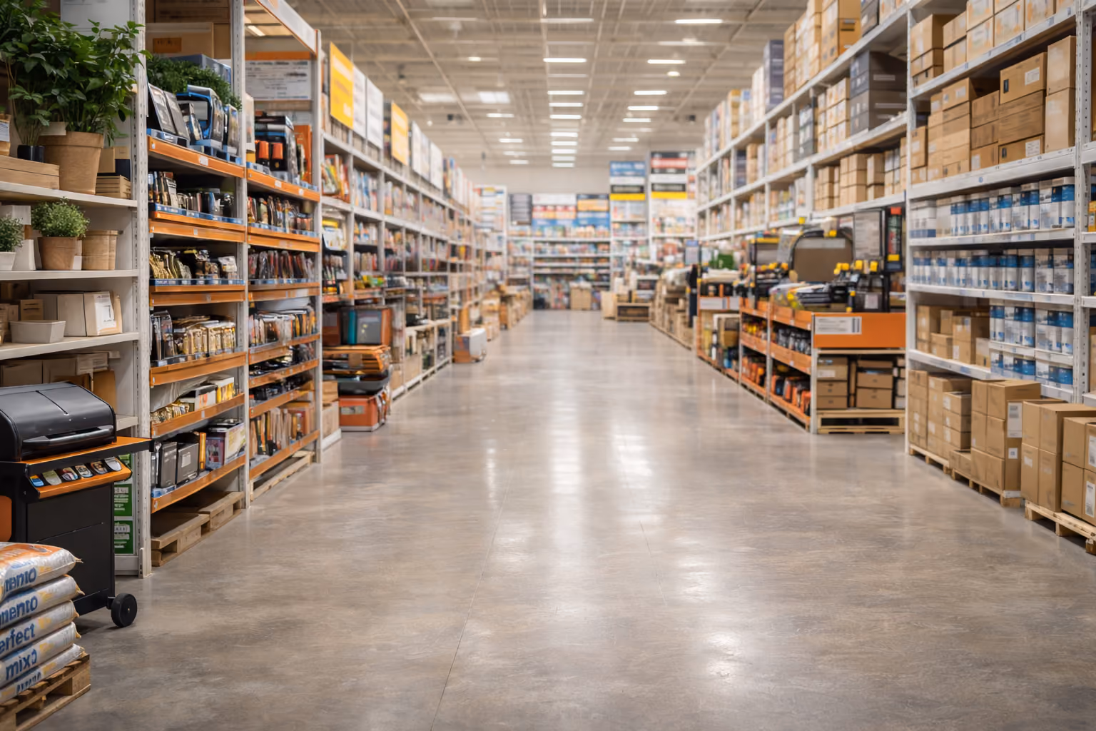 Home improvement store warehouse interior with shelving aisles where Brandtrack provides operational background music designed for long visits and high-throughput retail environments