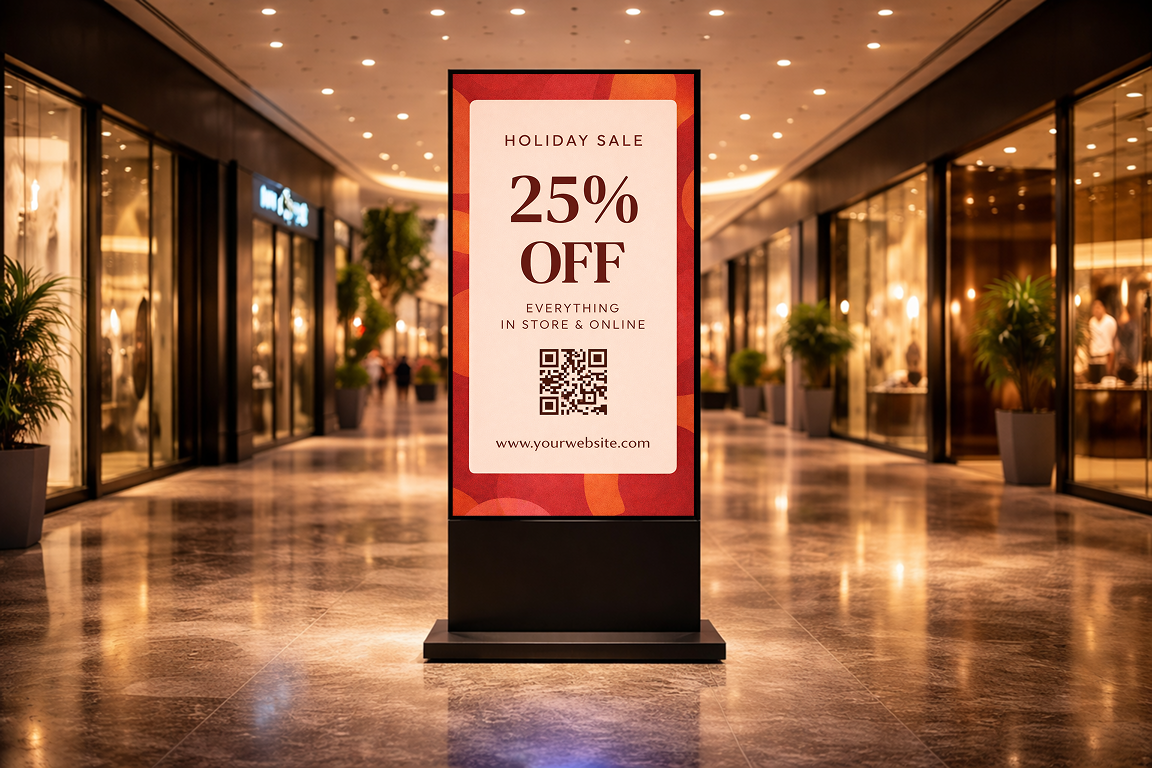 Brandtrack digital signage screen displaying a holiday sale promotion with QR code inside a shopping mall, showing in-store video and advertising capabilities