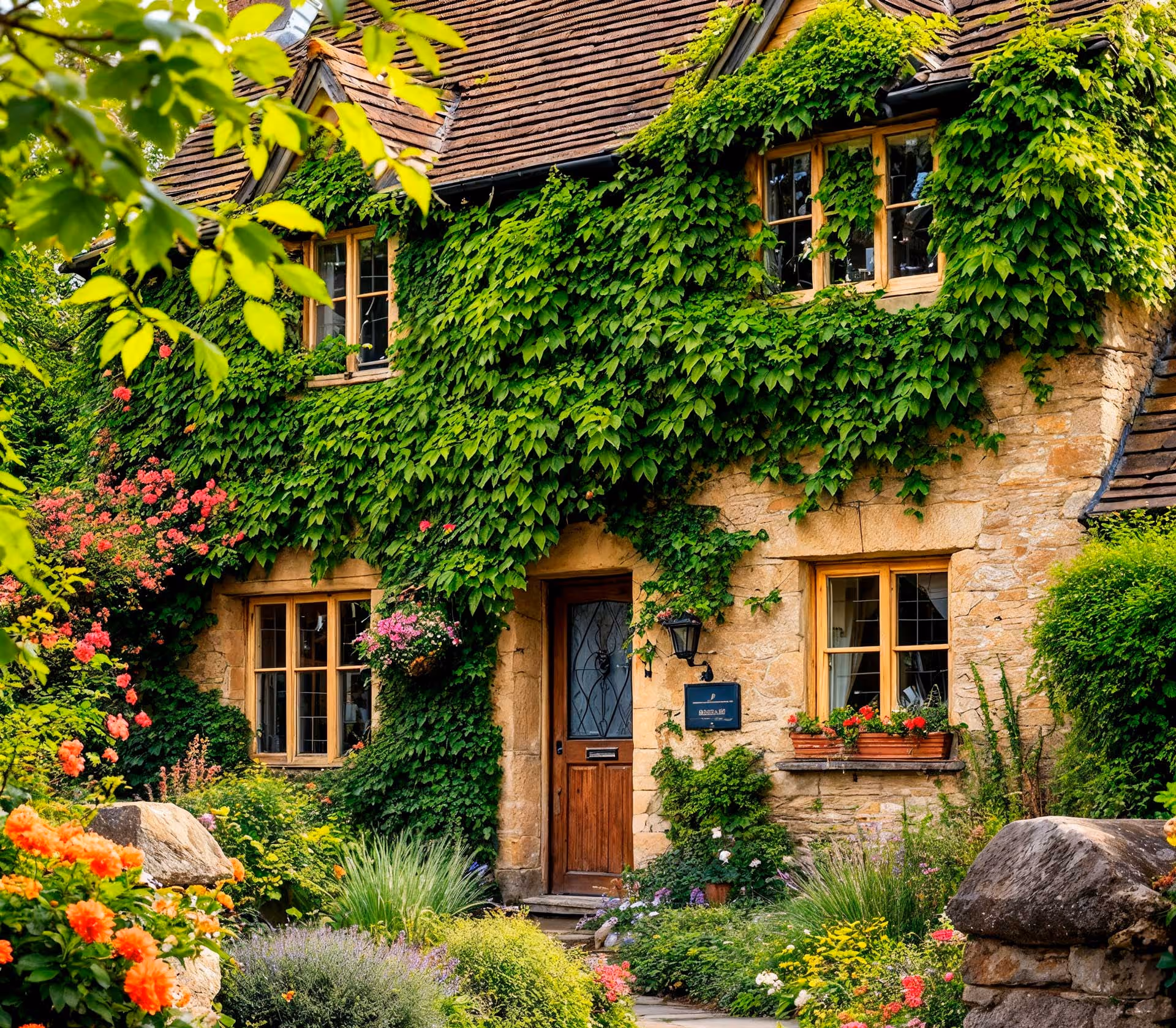 A house covered in green ivy with colorful flowers in front, creating a vibrant garden scene.
