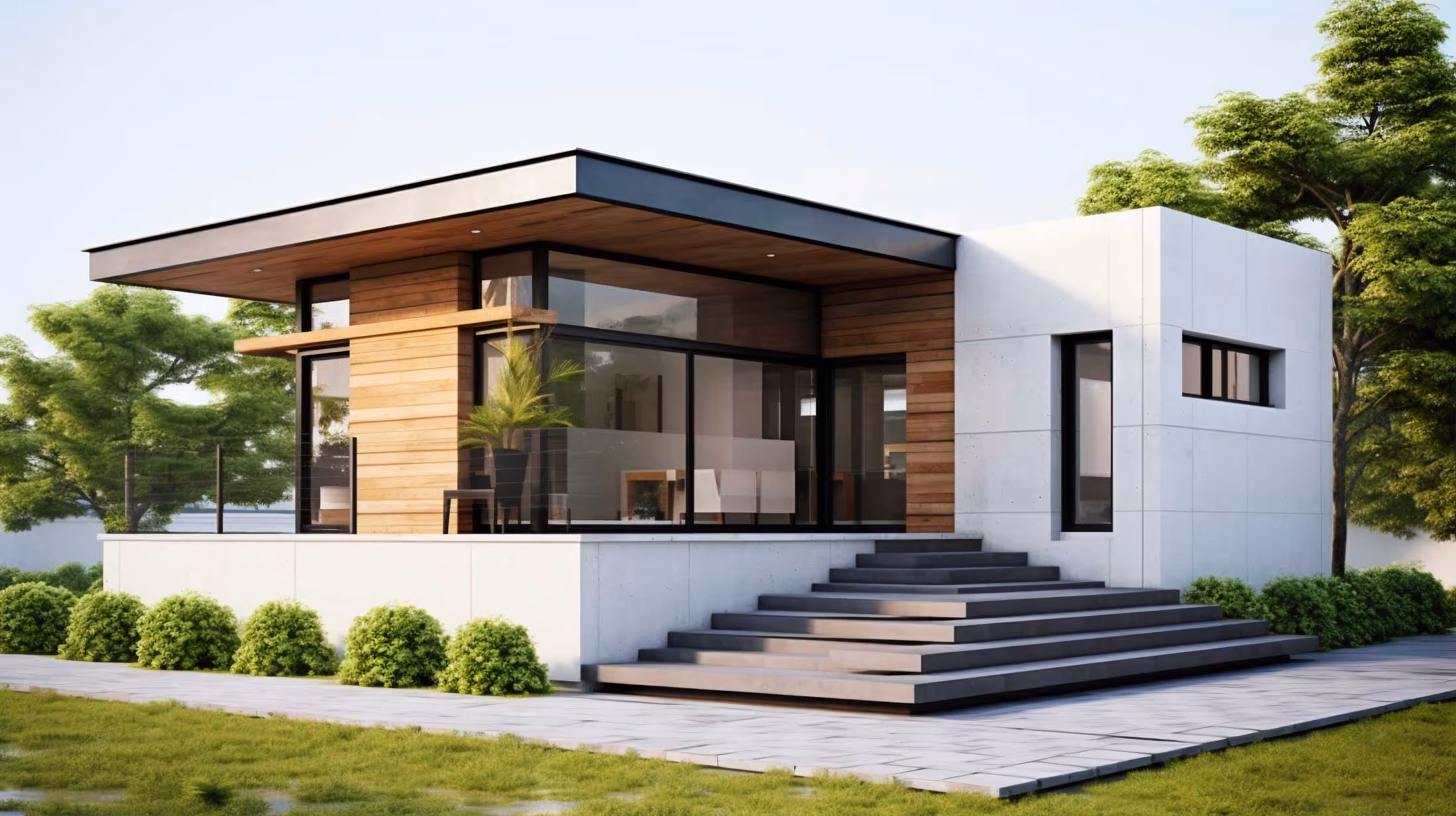 Modern, single-story house with large glass windows and a wooden facade, surrounded by greenery.