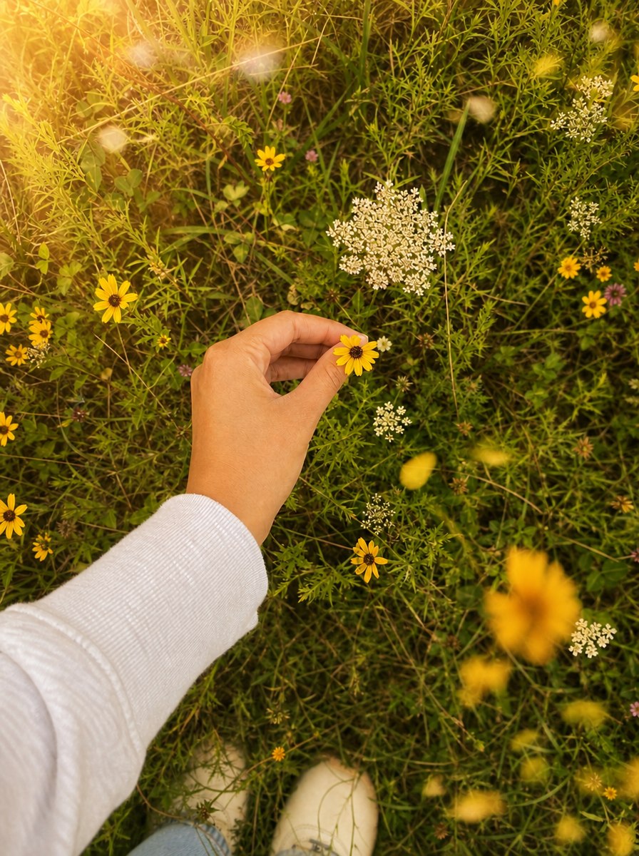 Eine Hand hält eine gelbe Blüte in einer sommerlichen Wiese mit wilden Blumen.