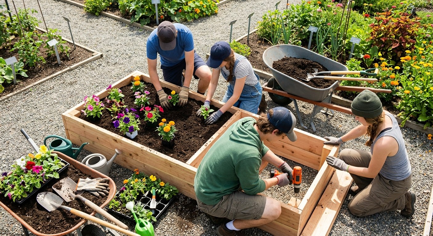 Junge Menschen bauen gemeinsam ein Hochbeet und pflanzen Blumen.