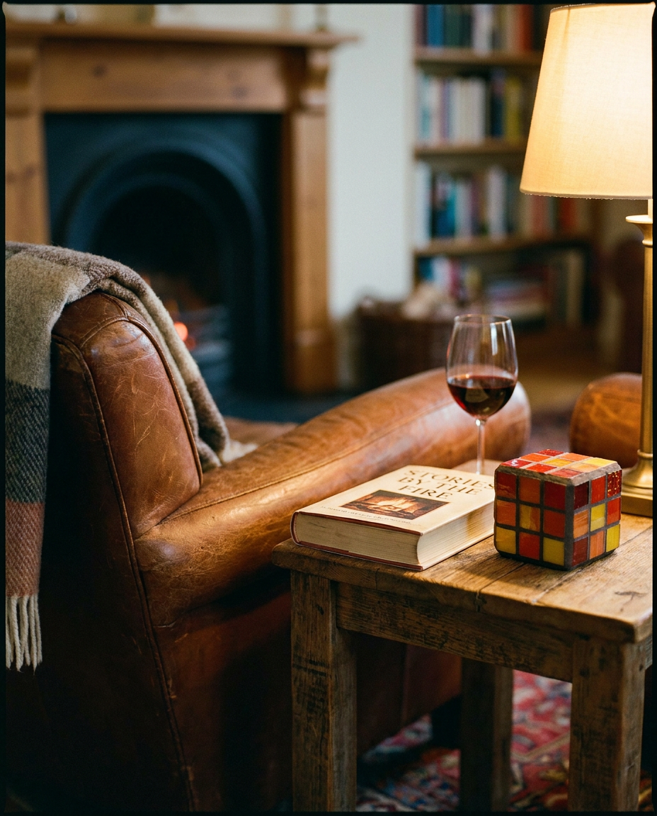 Ein gemütlicher Leseplatz mit Sessel, Lampe und einem Buch auf einem Holztisch.