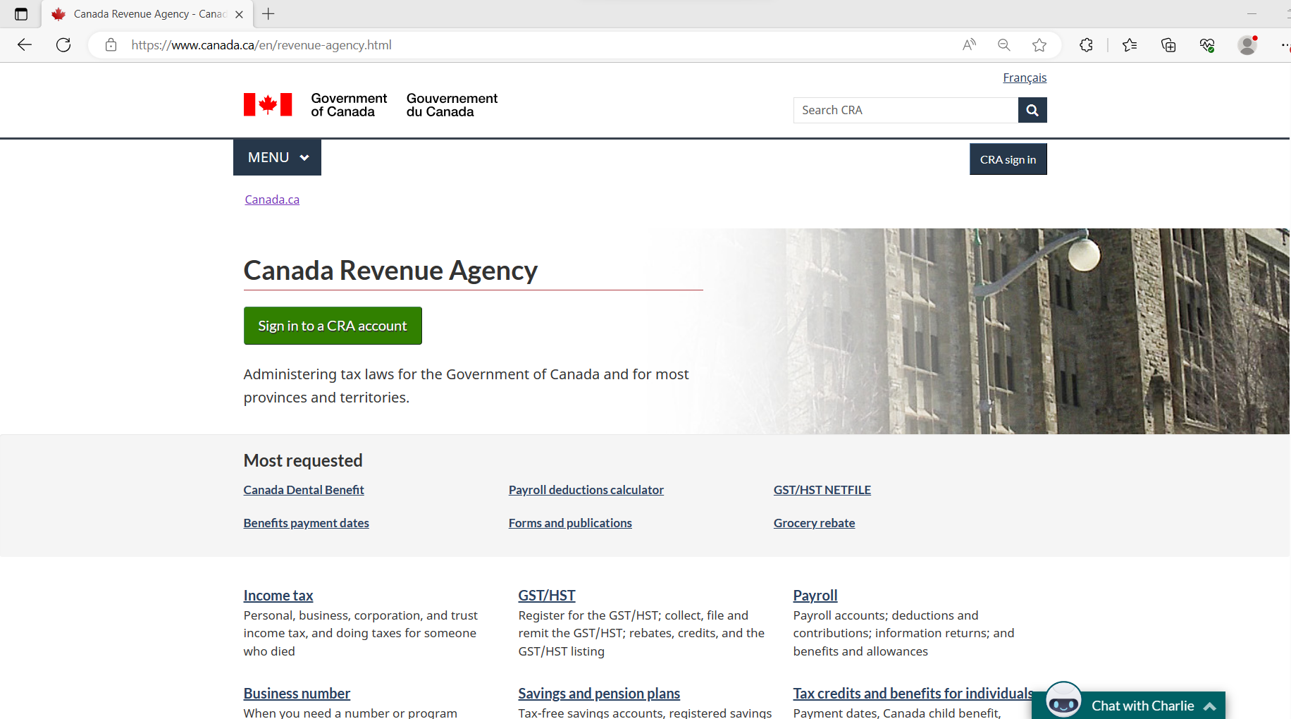 current cra website screenshot