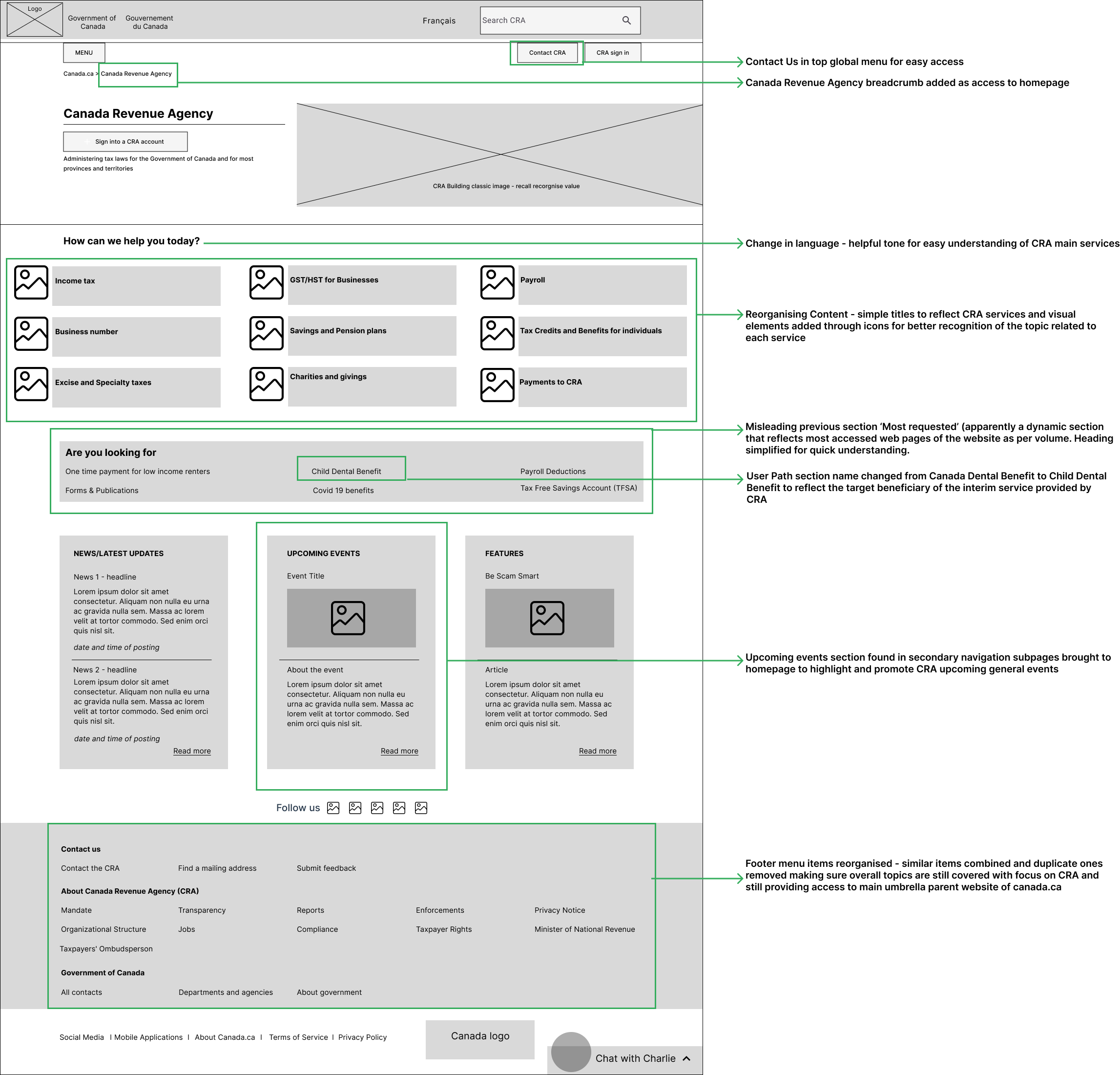 lo-fi wireframe of homepage with iterations