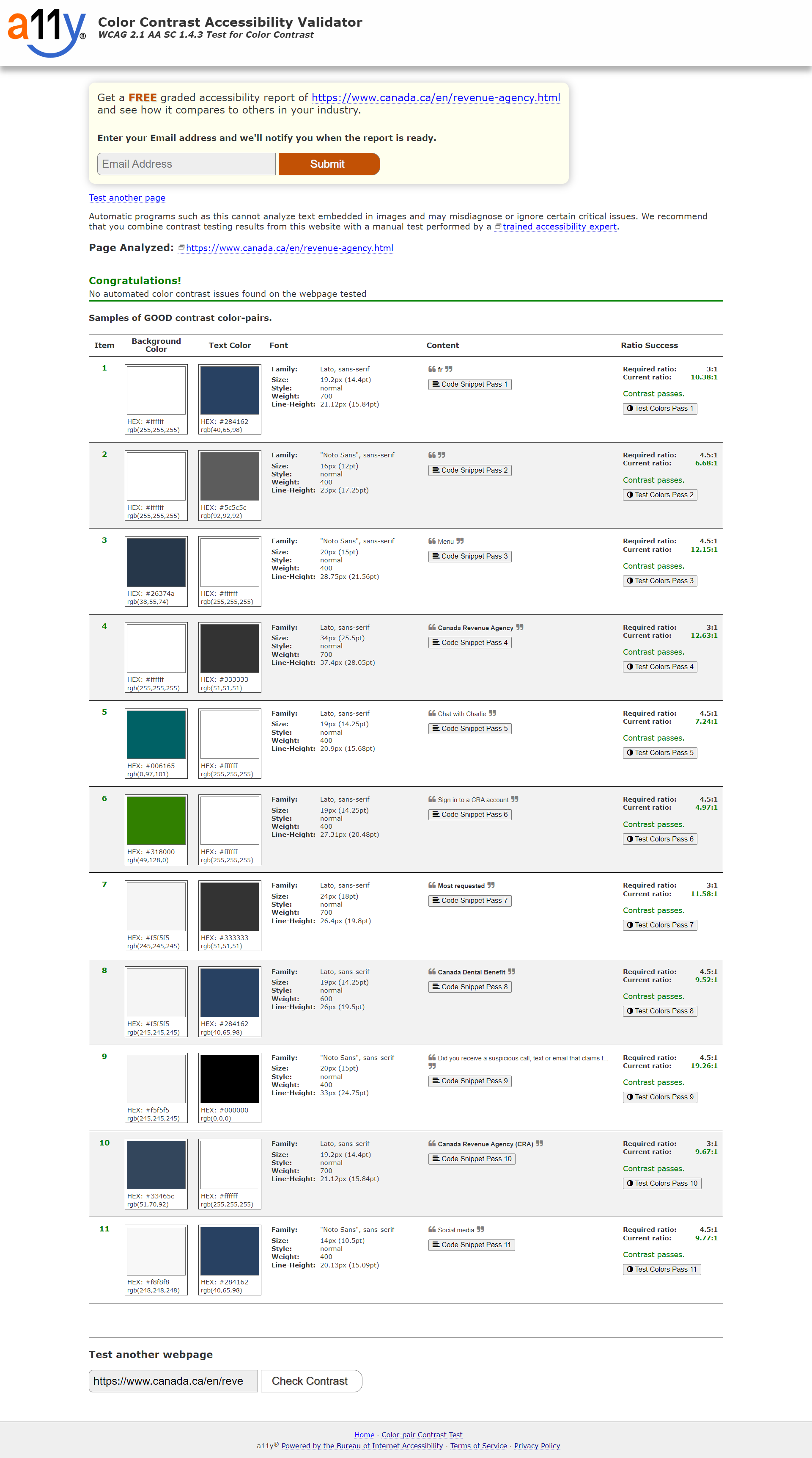 color accessibility result of cra website homepage