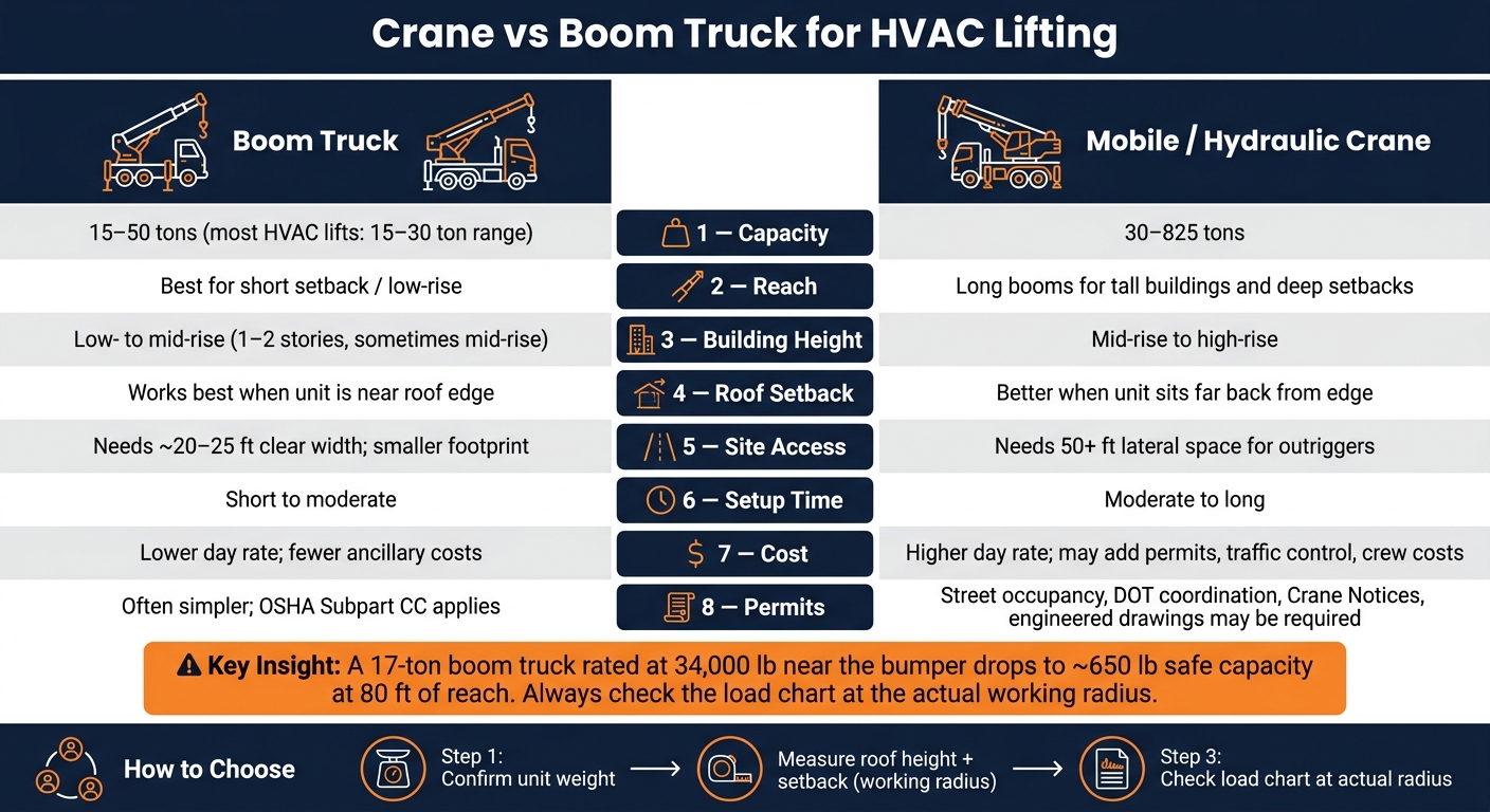Crane vs Boom Truck for HVAC Lifting: Side-by-Side Comparison