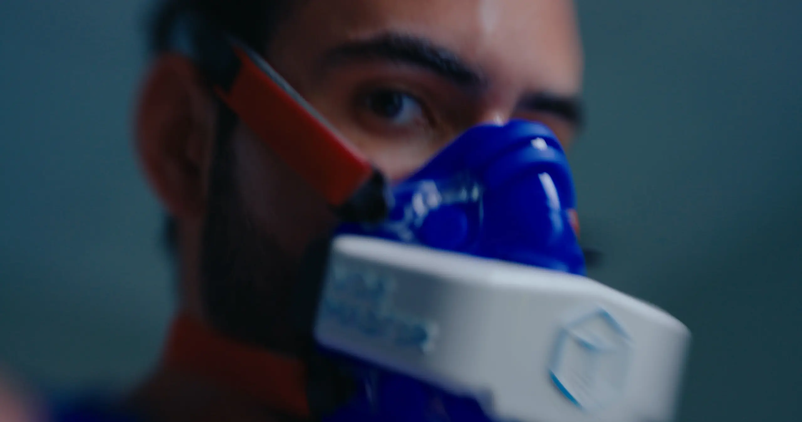 Close-up of an athlete during VO2 max testing, filmed for a SOVRN Performance Lab commercial, showcasing elite training, performance science, and peak fitness.