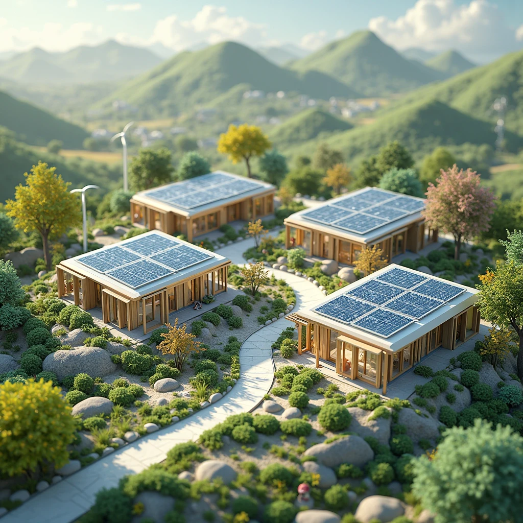 "Solar-powered eco homes with rooftop panels in a green valley surrounded by mountains and landscaped gardens."