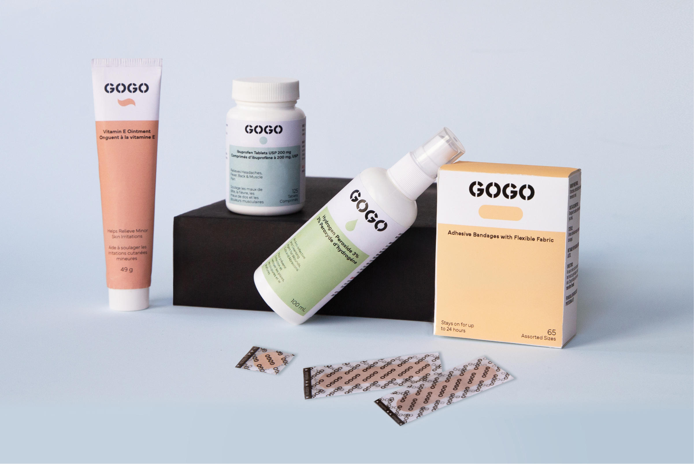 Pharmaceutical packaging containing ibuprofen, band-aids, ointment, and hydrogen peroxide