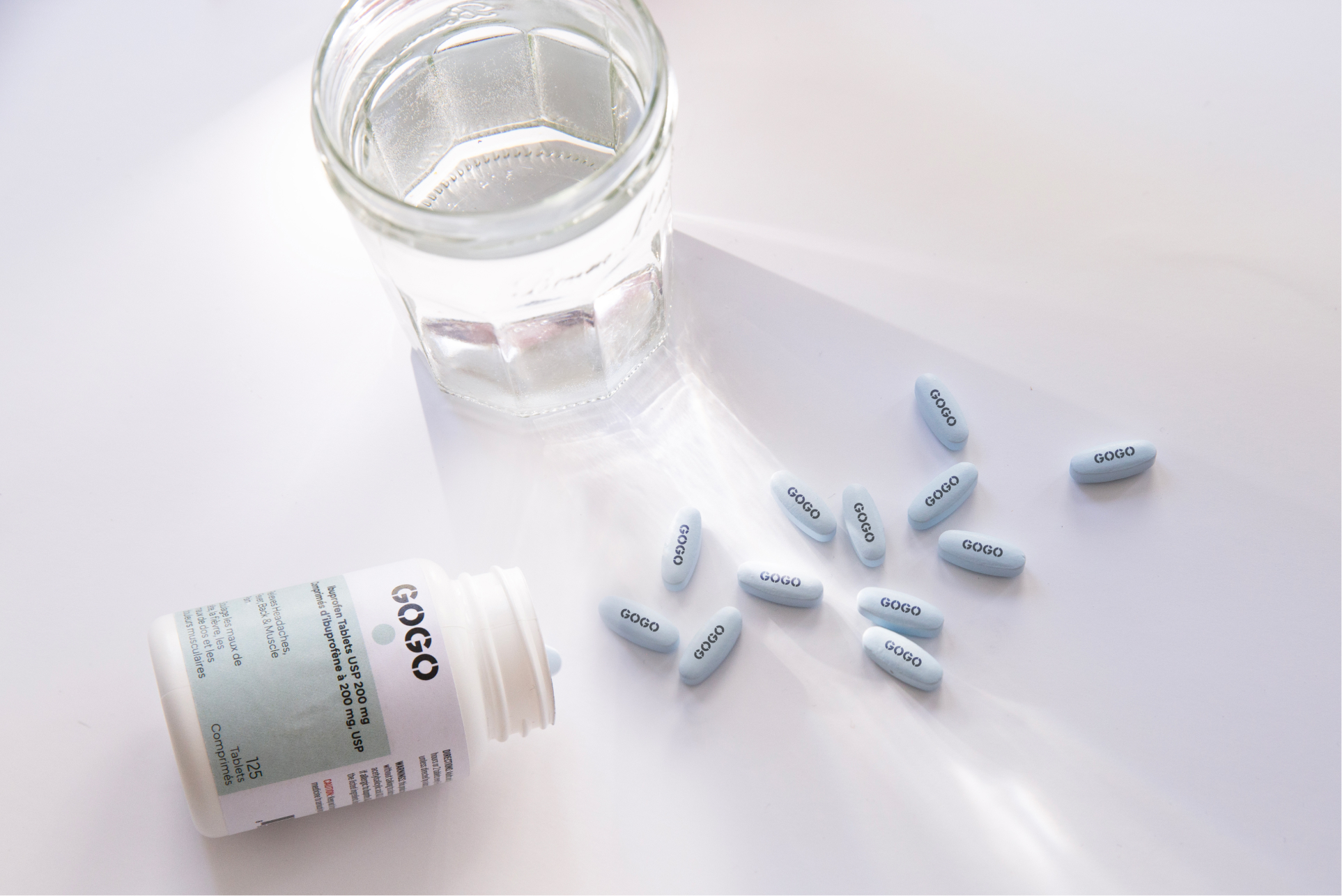 Ibuprofen packaging with ibuprofen pills scattered around