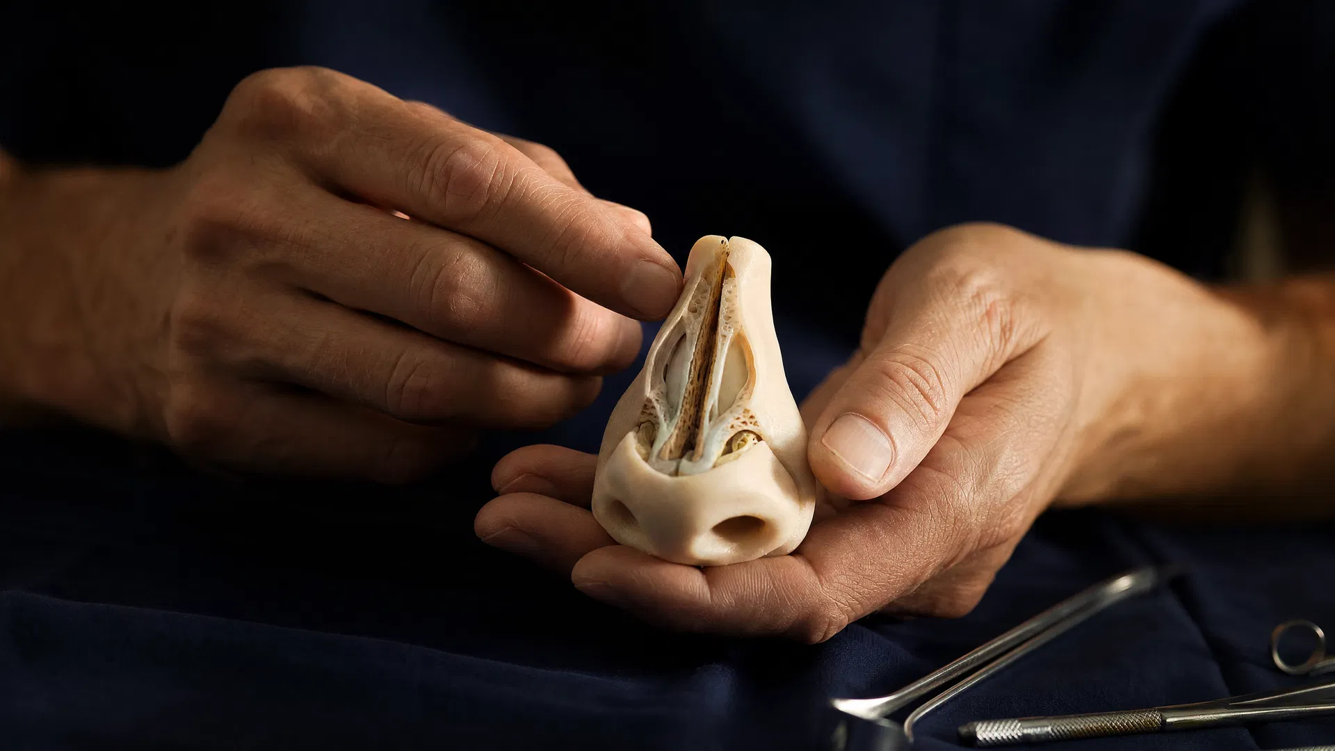 Dr. Buonassisi studying nasal anatomy model — precision and artistry