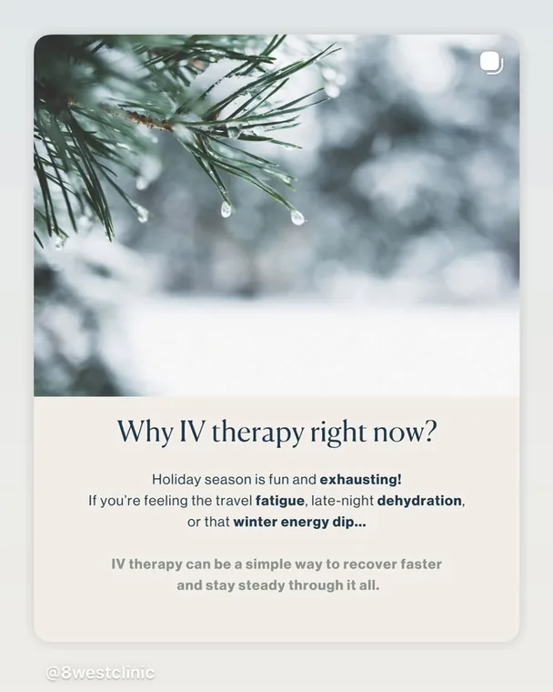 A card reading Why IV therapy right now? over a snowy pine branch