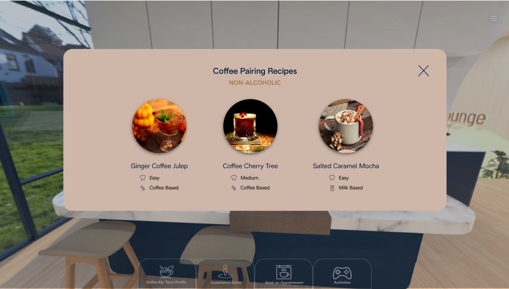 A pop-up within a 360-degree virtual coffee lounge experience, highlighting a couple of coffee pairing recipes.