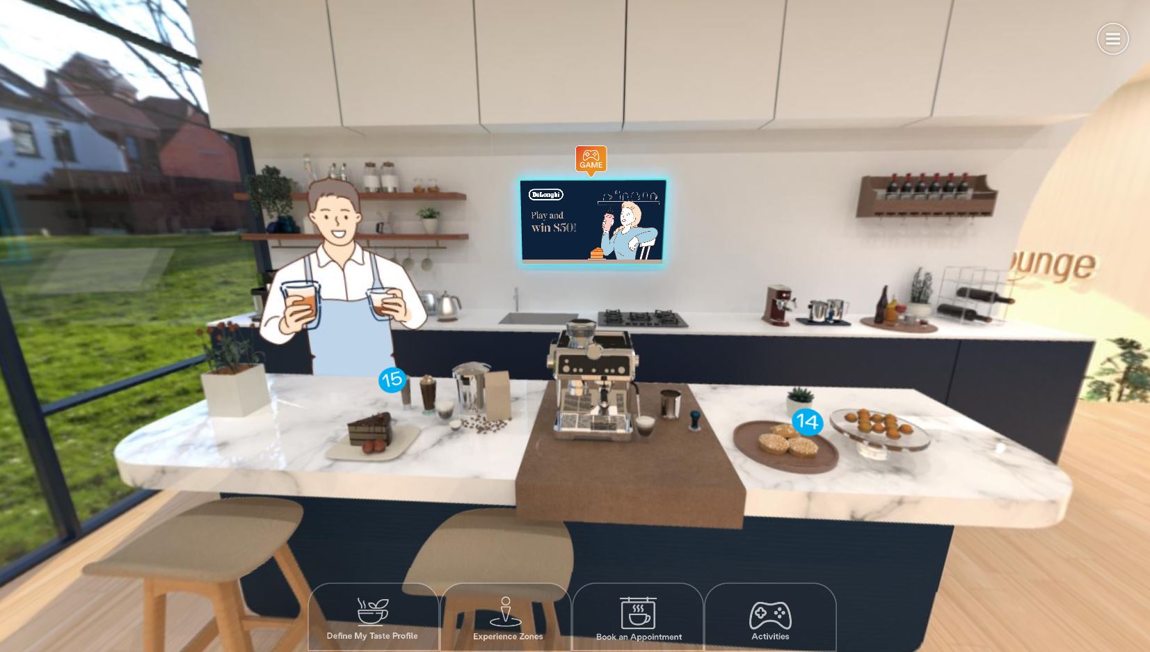 A 360-degree virtual coffee lounge experience that incorporates numerous interactive hotspots to engage users with additional activities and information