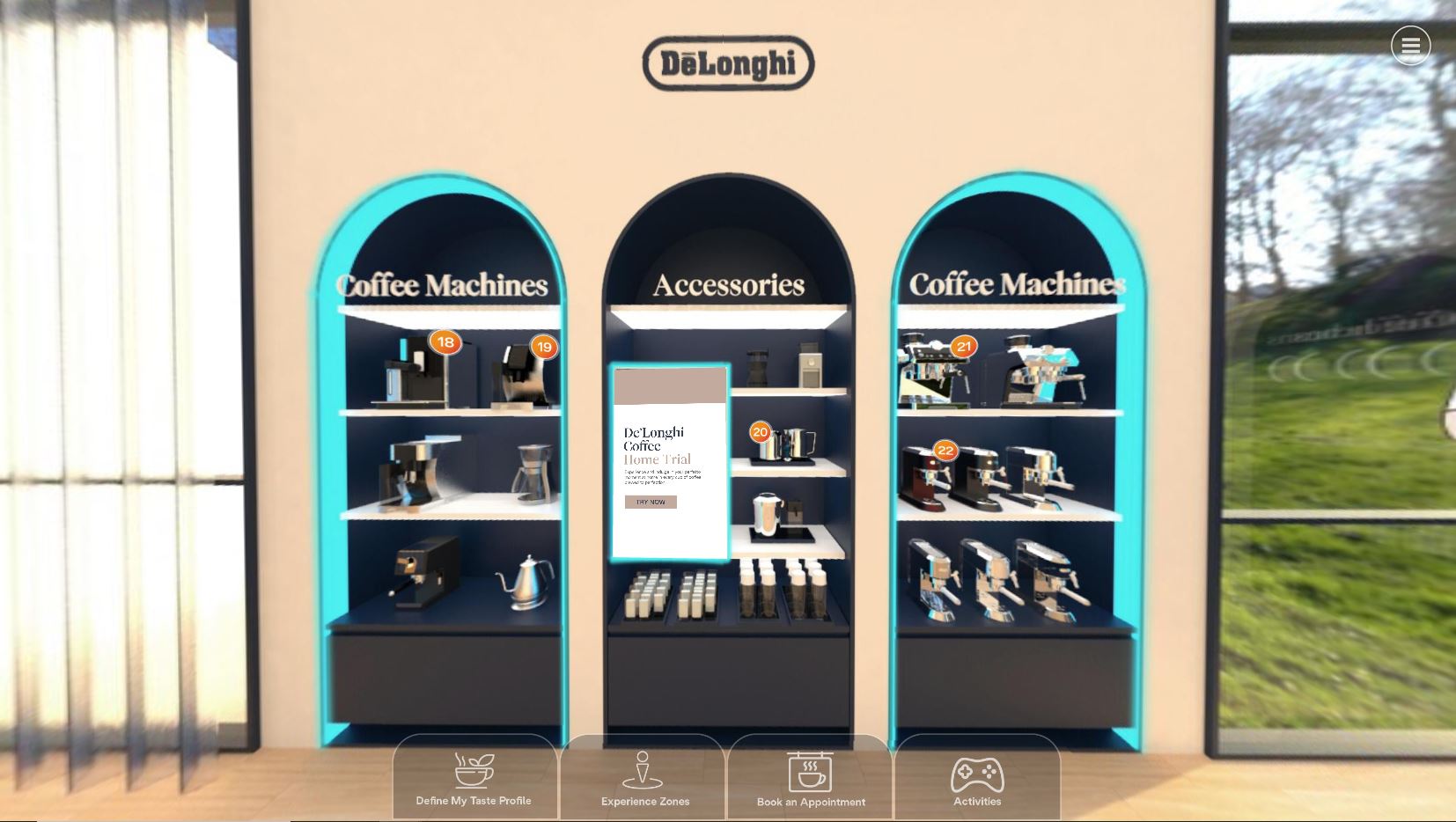 An assorted array of coffee machines and their accompanying accessories neatly arranged on wall-mounted display shelves.