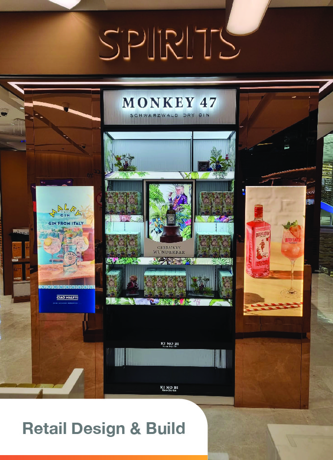 A built-in wall bay within a store dedicated to a brand of spirits