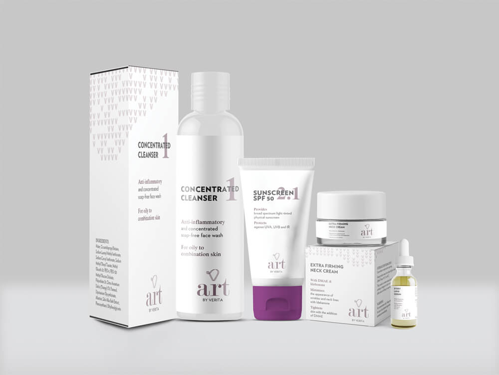 A stylish arrangement of skincare products including a concentrated cleanser, sunscreen, neck cream, and a serum, all featuring modern packaging and branding elements. The minimalist design emphasizes elegance and simplicity, ideal for promoting a premium skincare line.