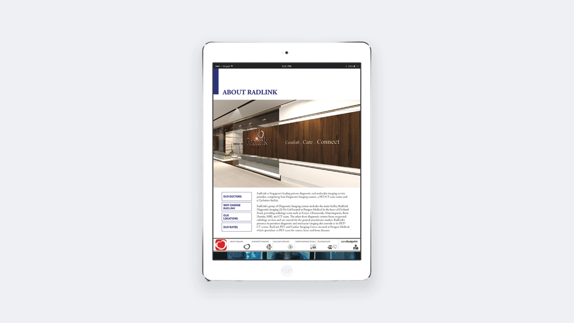 iPad displaying Radlink brochure cover with a photo of a Radlink clinic interior and text about their diagnostic imaging services.