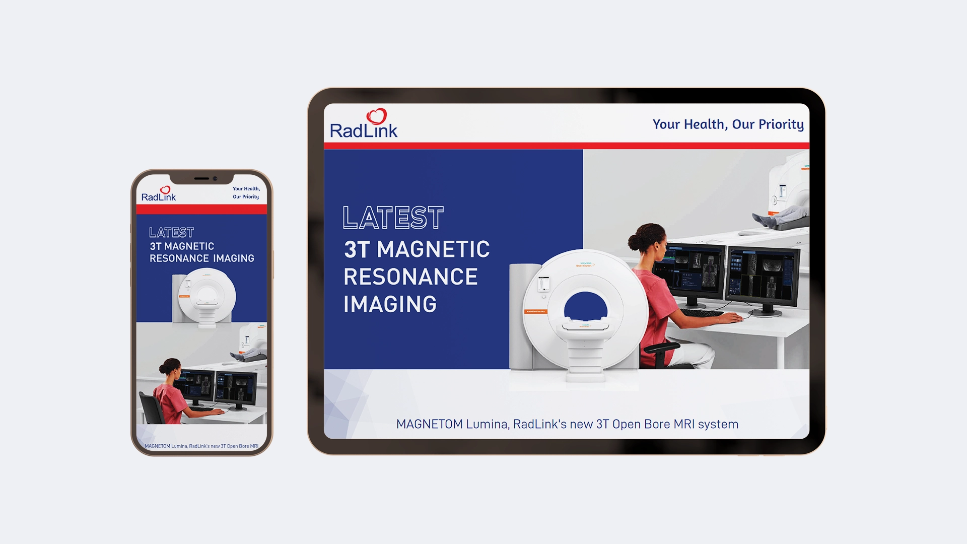 RadLink advertisement showcasing their latest 3T magnetic resonance imaging system featuring an MRI machine and technician monitoring scans on dual screens.