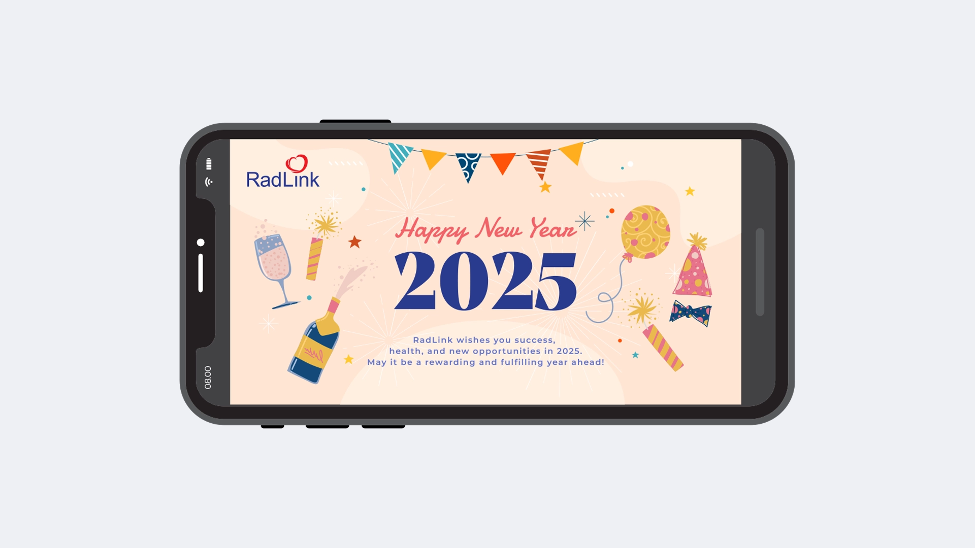 Smartphone screen with Happy New Year 2025 greeting from RadLink, decorated with party icons and balloons.