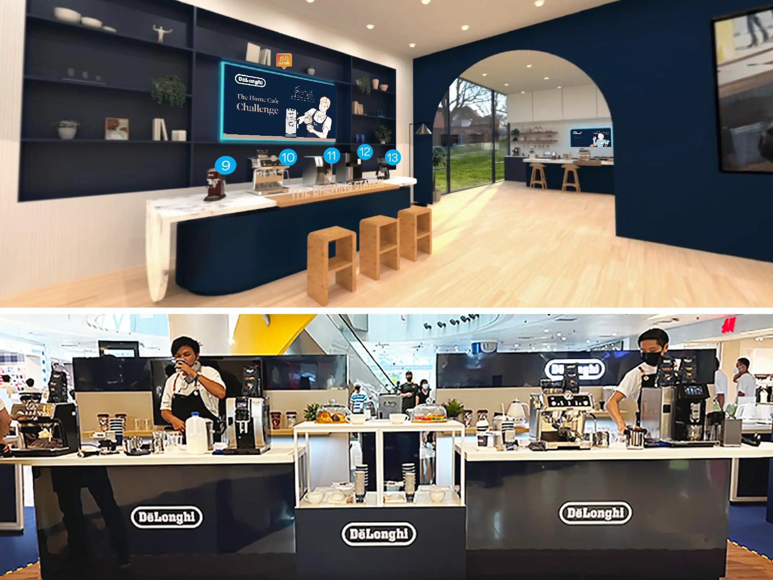 Modern coffee bar with brewing station featuring multiple coffee machines, stools, and large screen displaying The Home Café Challenge.