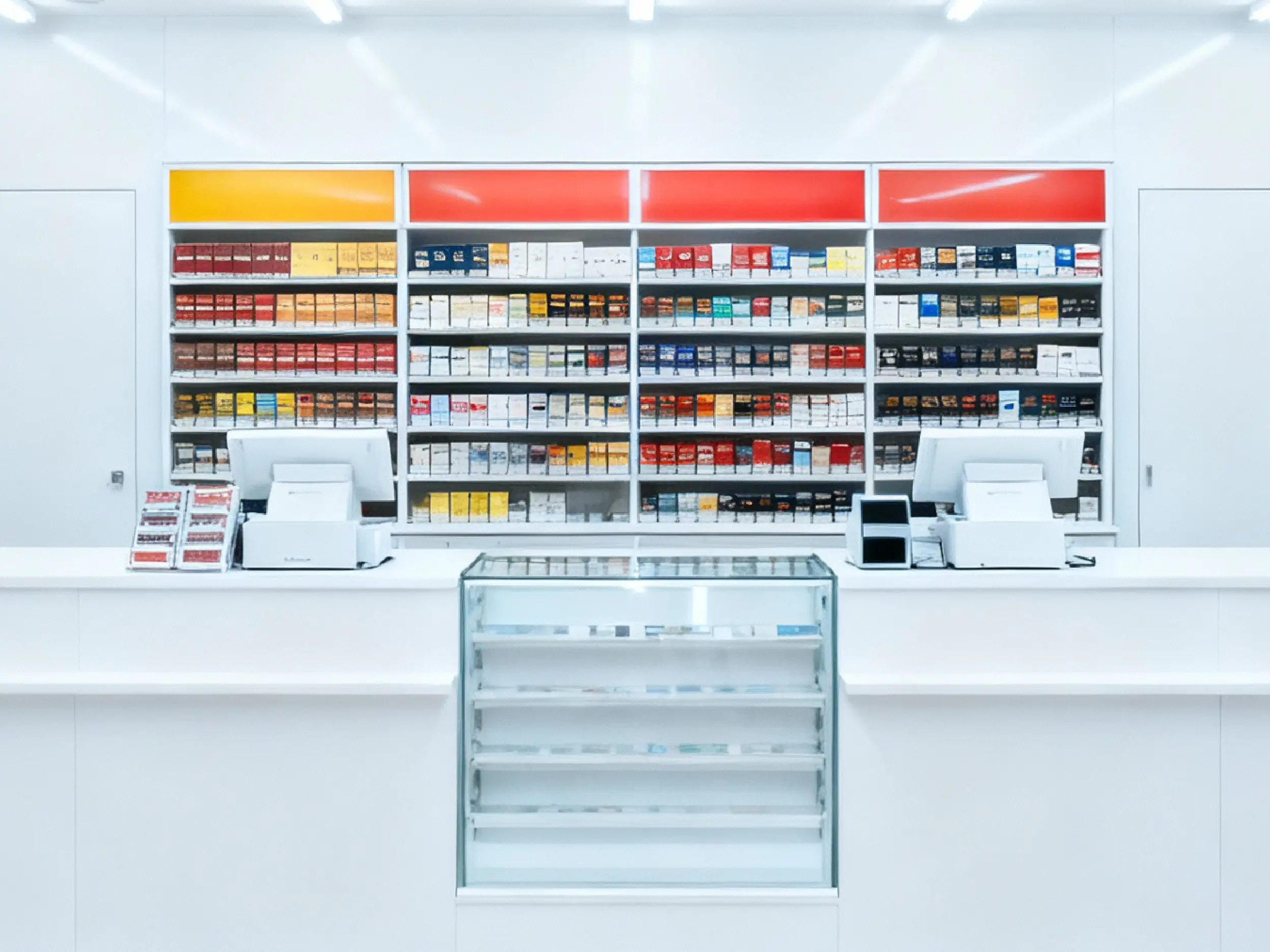 Minimalist white convenience store counter with glass display case and shelves stocked with various tobacco products.