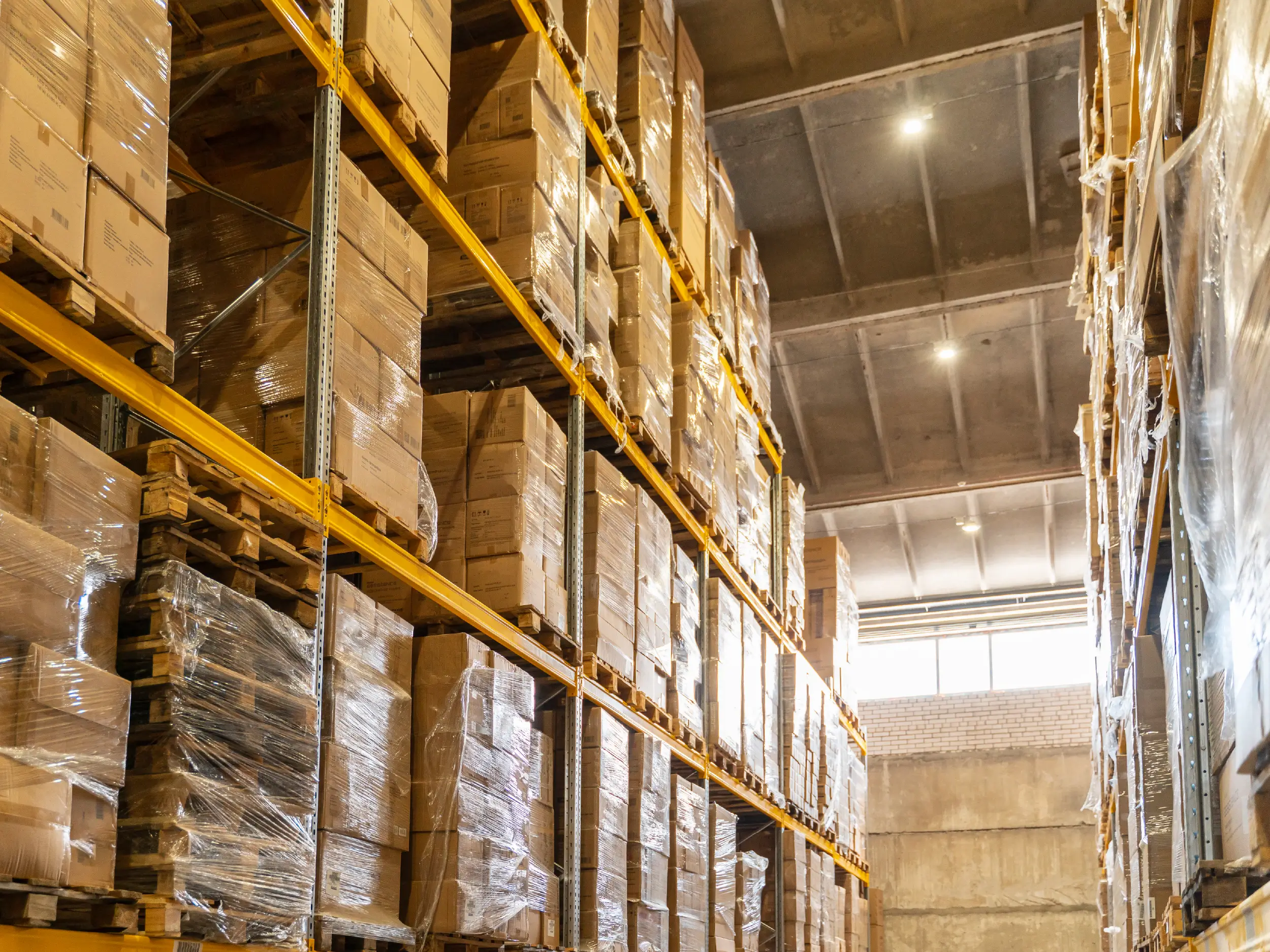 Long aisle in a warehouse lined with shelves full of stacked cardboard boxes.