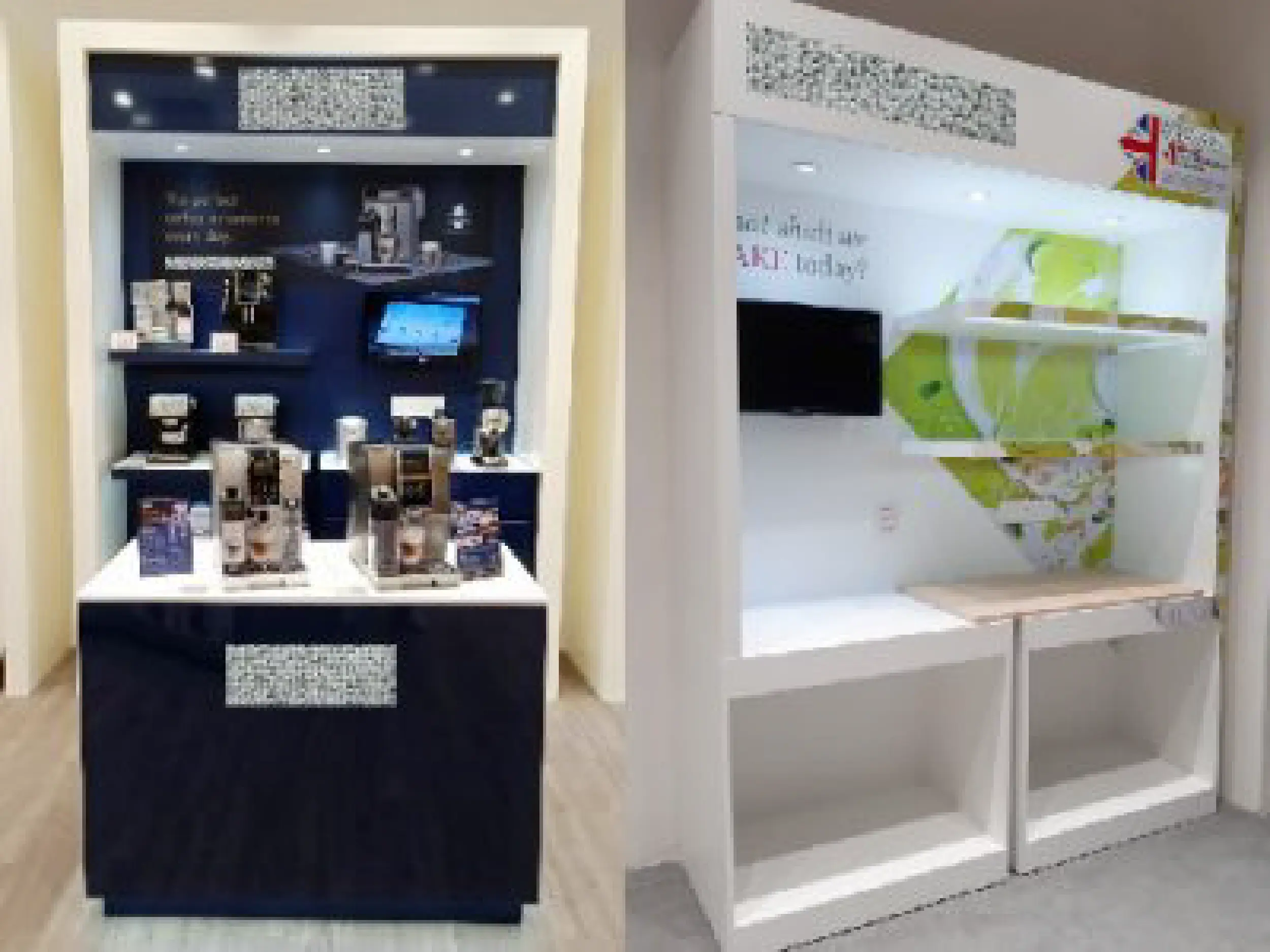 Two adjacent retail display booths with one featuring coffee machines and related products, and the other an empty white shelving unit with a small screen.