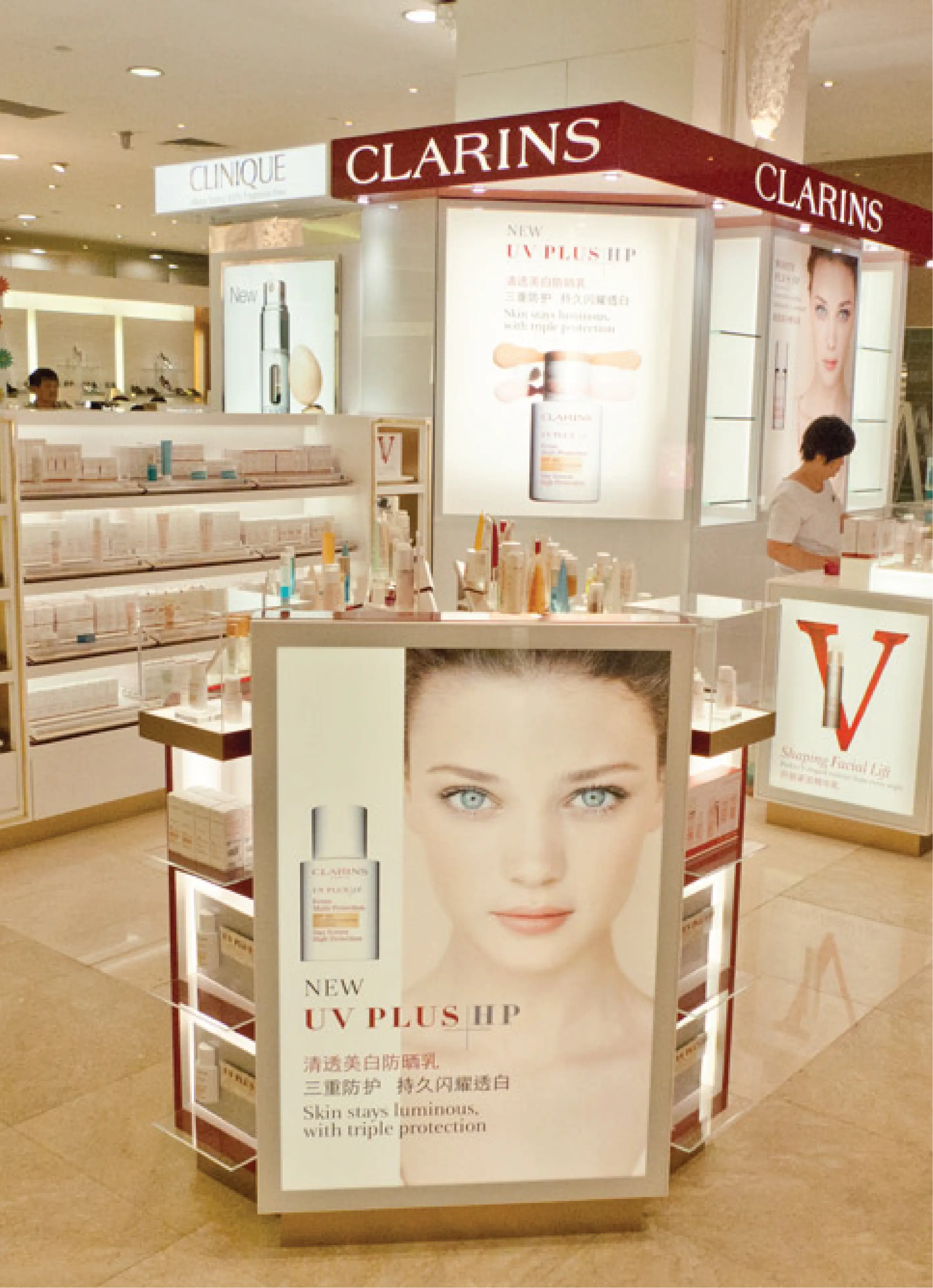 Retail Merchandising store display for luxury skin care brand Clarins