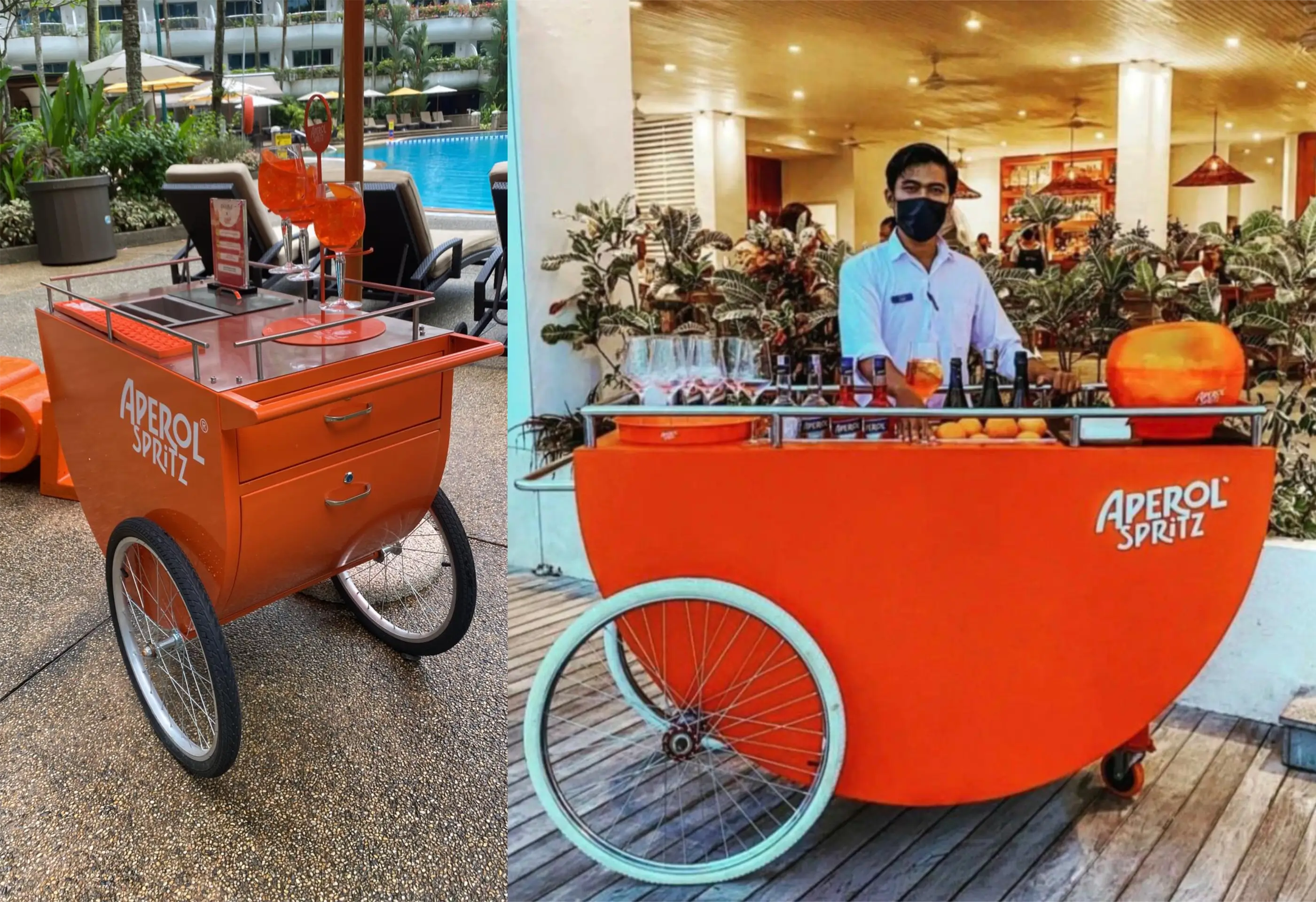Orange Aperol Spritz carts with large wheels, one with drinks by poolside, another with bartender indoors.