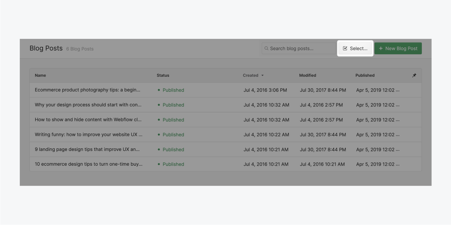 The select button on the top-right of the Blog posts collection settings page is highlighted between the search bar and green “new blog post” button. There are six published collection pages already published.