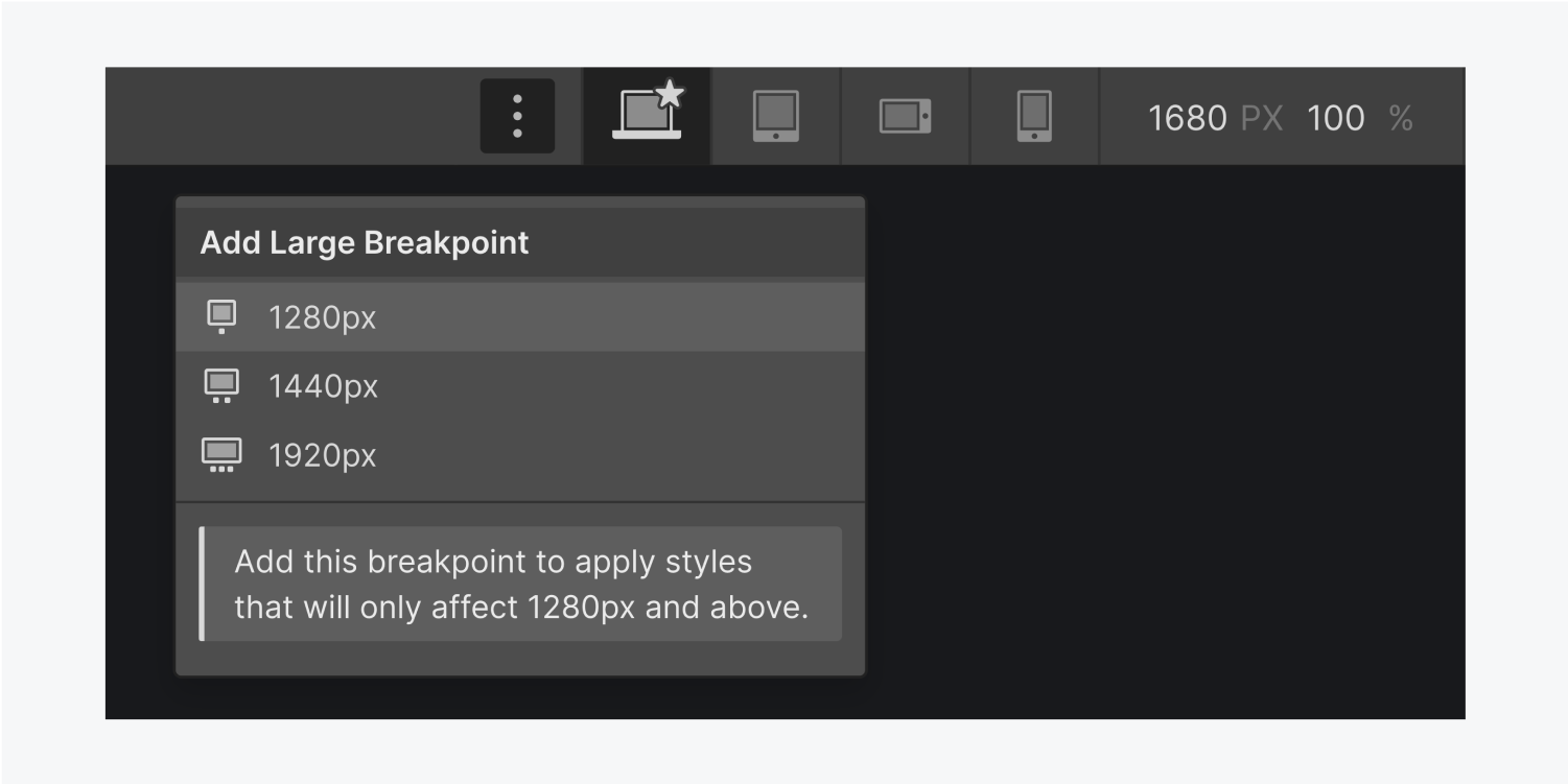 The add large breakpoint settings panel displays three additional breakpoints 1280px, 1440px and 1920px.