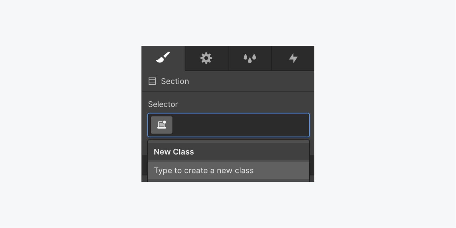 The style panel displays a text input field in the selector section to type the class name.