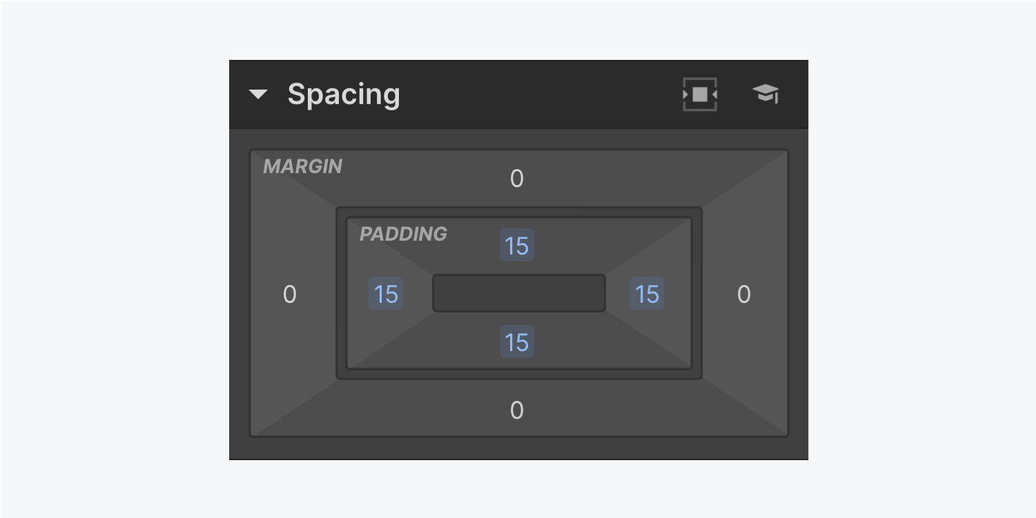 The spacing panel displays 15 pixels of padding on all four sides, and no margin added.