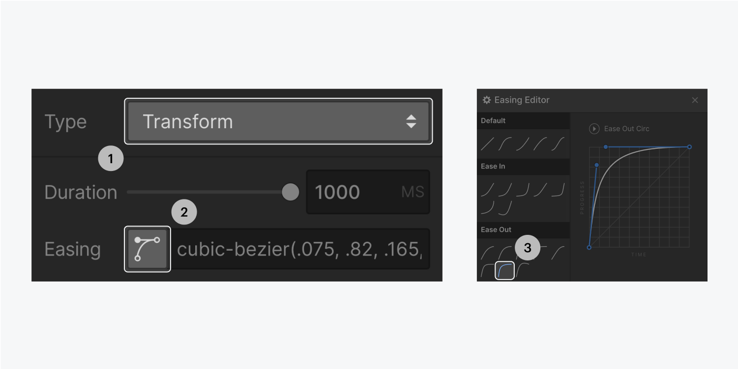 Step one and two on the left, select transform from the Type dropdown menu and click the easing button. Step three on the right, select the ease out circular button under the East Out section.