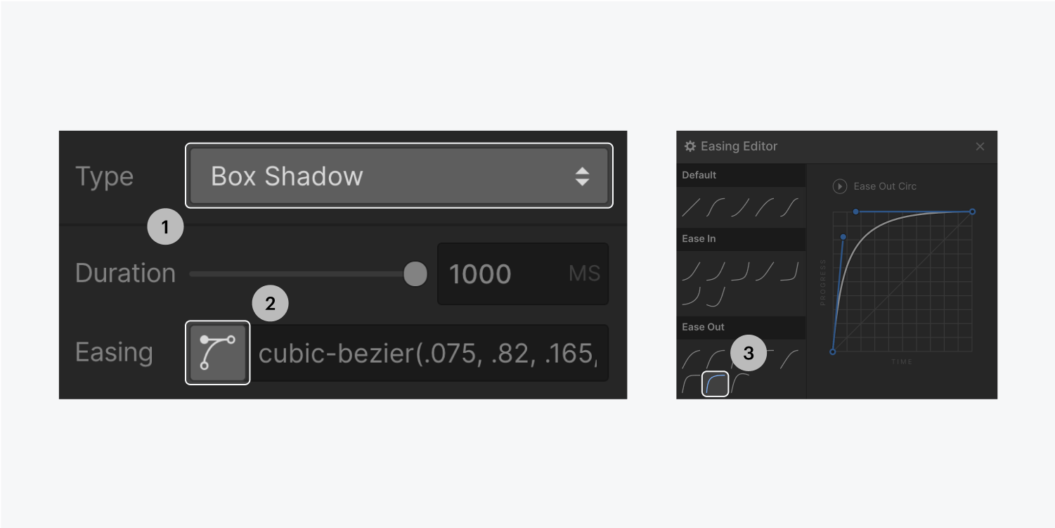 Step one and two on the left, select box shadow from the Type dropdown menu and click the easing button. Step three on the right, select the ease out circular button under the East Out section.