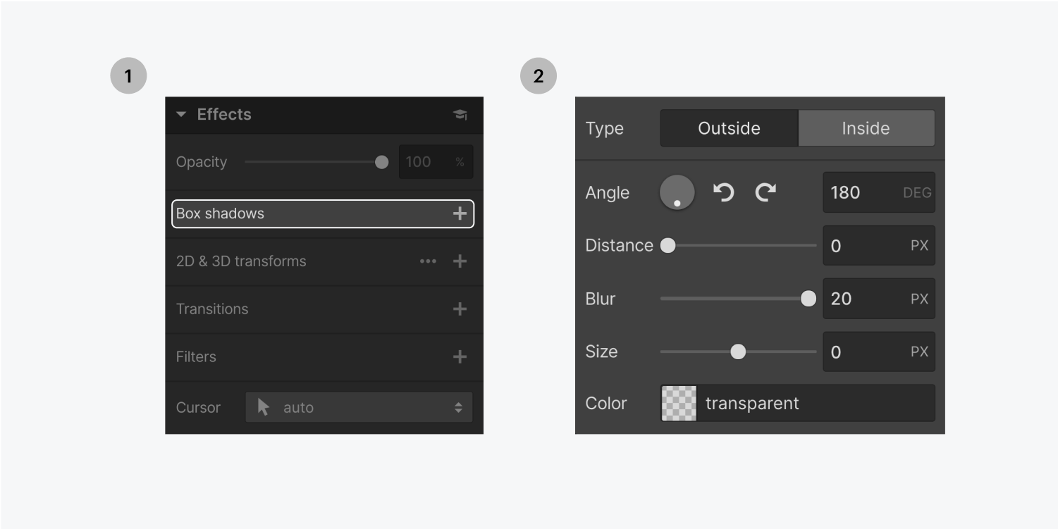 Step one on the left, click the plus sign on the box shadows effect. Step two on the right, customize the shadow with type, angle, distance, blur, size and color.